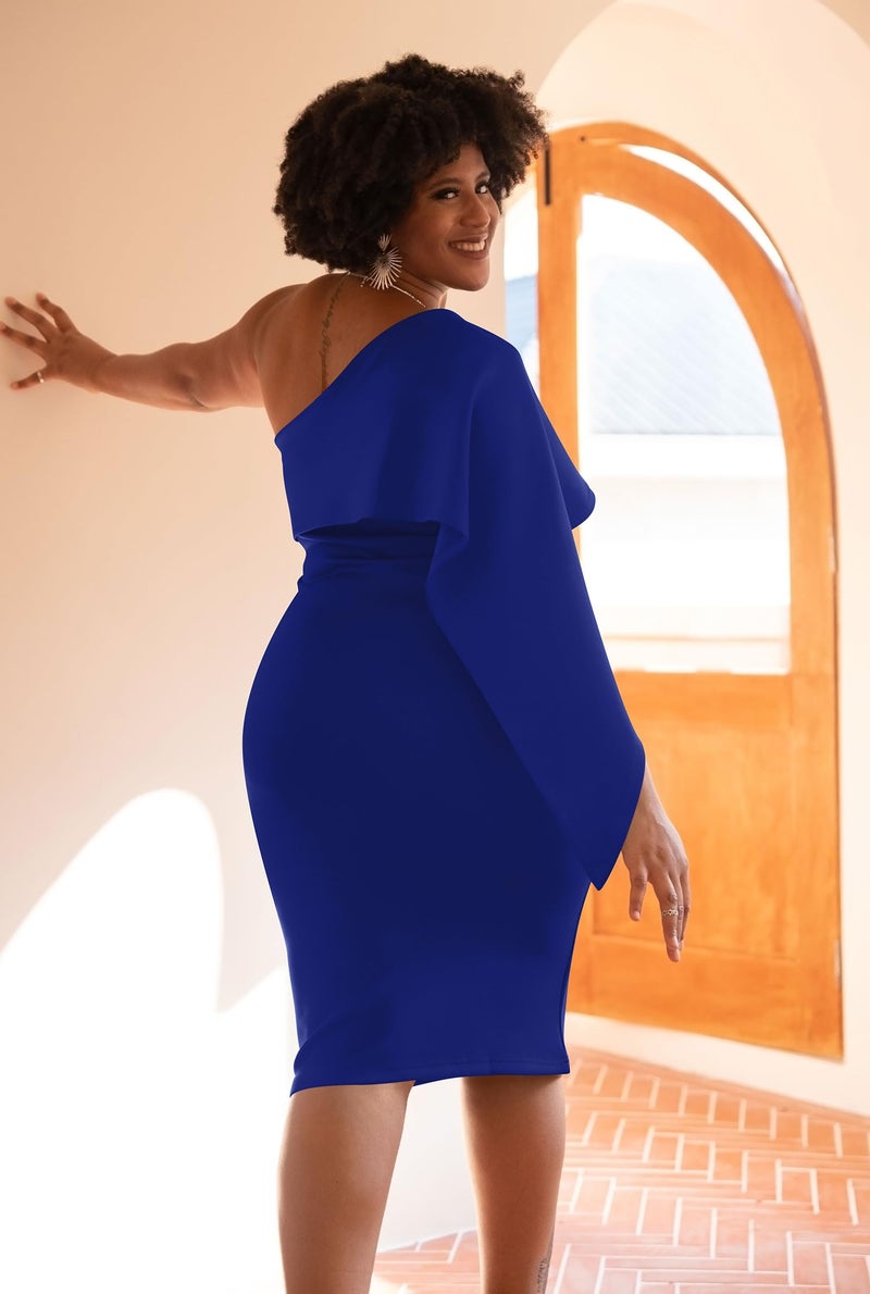 GOBLES Women's Summer Sexy One Shoulder Ruffle Bodycon Midi Cocktail Dress Royal Blue - Image 3